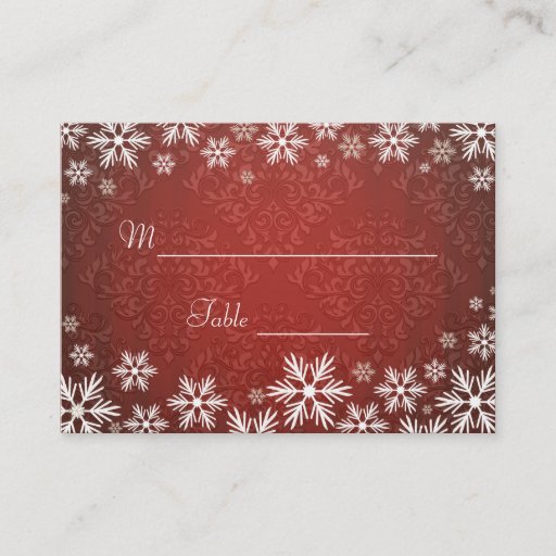 Customizable Snowflakes and Red Damask Wedding Place Setting Business Cards