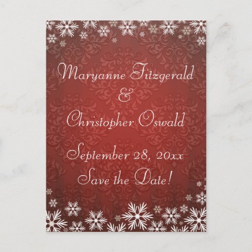 Snowflakes and Red Damask Wedding Save the Date Announcement Postcard