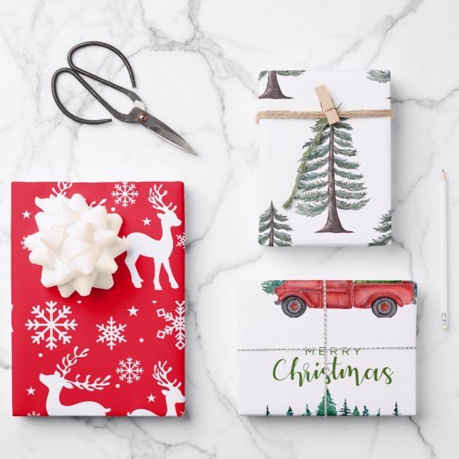 Snowflakes  and reindeers  Christmas  Green Tree  Wrapping Paper Sheets (Front)