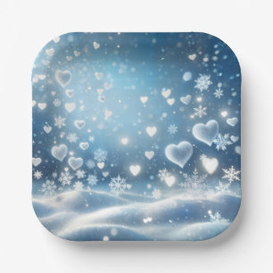 Snowflakes and Snow Hearts in Winter Sky Paper Plates