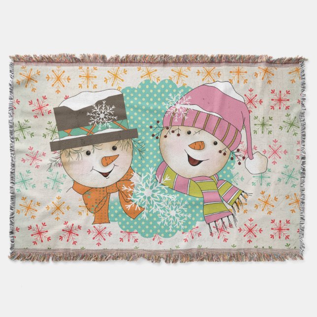 Snowflakes and Snowmen Holiday Throw Throw Blanket (Front)