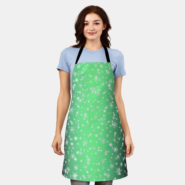 Snowflakes and Sparkles over Green Apron (Worn)
