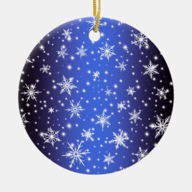 Snowflakes and Sparkles over Navy Blue Light Ceramic Ornament (Front)