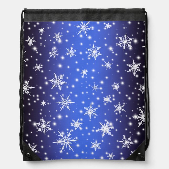Snowflakes and Sparkles over Navy Blue Light Drawstring Bag (Front)