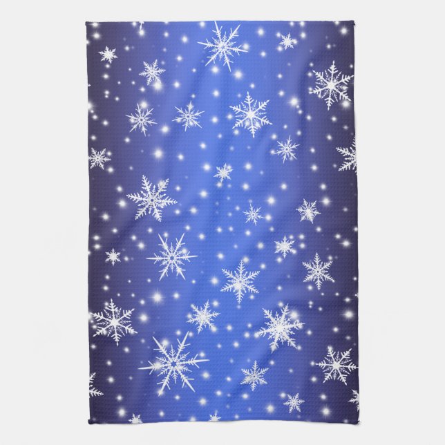 Snowflakes and Sparkles over Navy Blue Light Kitchen Towel (Vertical)