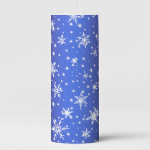 Snowflakes and Sparkles over Navy Blue Light Pillar Candle