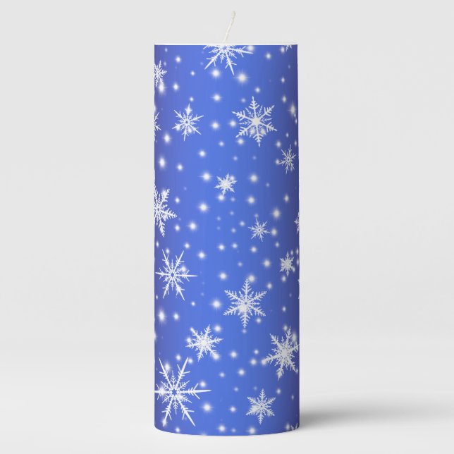 Snowflakes and Sparkles over Navy Blue Light Pillar Candle (Front)