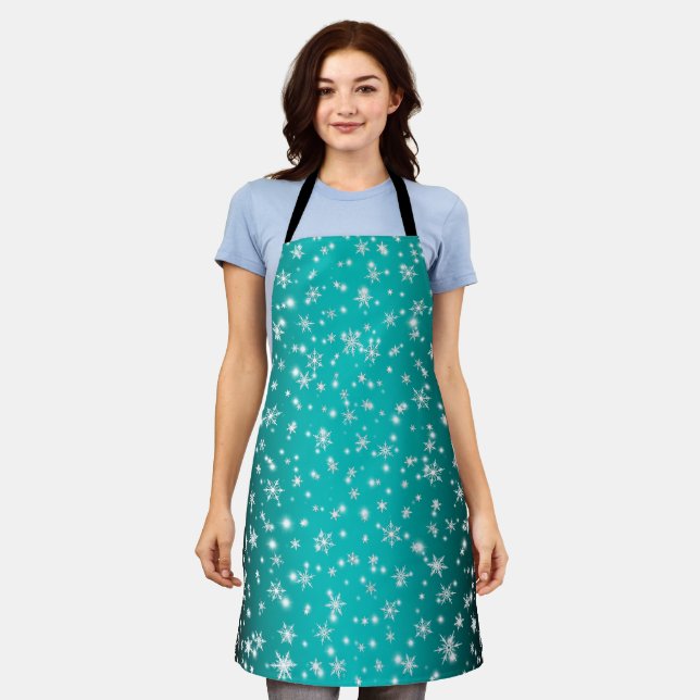 Snowflakes and Sparkles over Turquoise Light Apron (Worn)