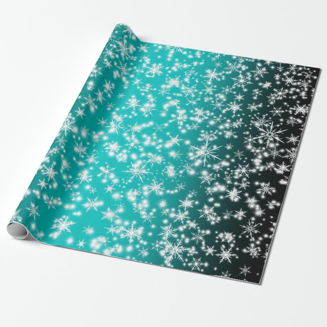 Snowflakes and Sparkles over Turquoise Light Wrapping Paper (Unrolled)