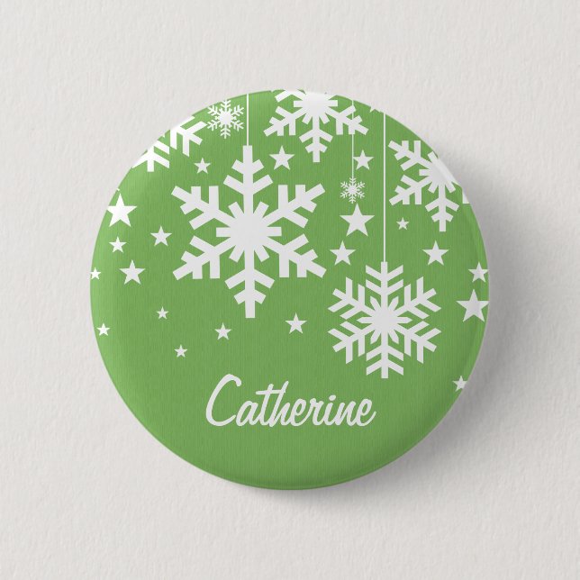 Snowflakes and Stars Button, Green Pinback Button (Front)