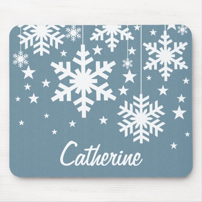 Snowflakes and Stars Mousepad, Blue Mouse Pad (Front)