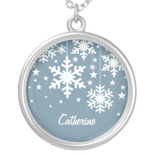 Snowflakes and Stars Necklace Blue Silver Plated Necklace