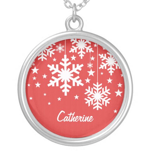 Snowflakes and Stars Necklace Red Silver Plated Necklace