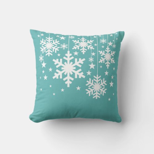 Snowflakes and Stars Pillow Aqua Throw Pillow