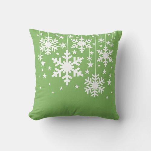 Snowflakes and Stars Pillow Green Throw Pillow