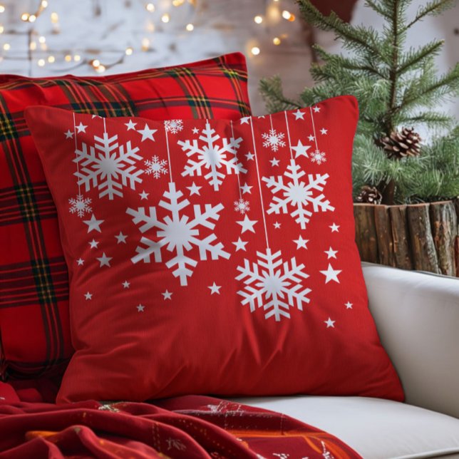 Snowflakes and Stars Pillow, Red Throw Pillow (Red Snowflakes and Stars Christmas Throw Pillow)