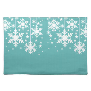 Snowflakes and Stars Placemat, Aqua Cloth Placemat