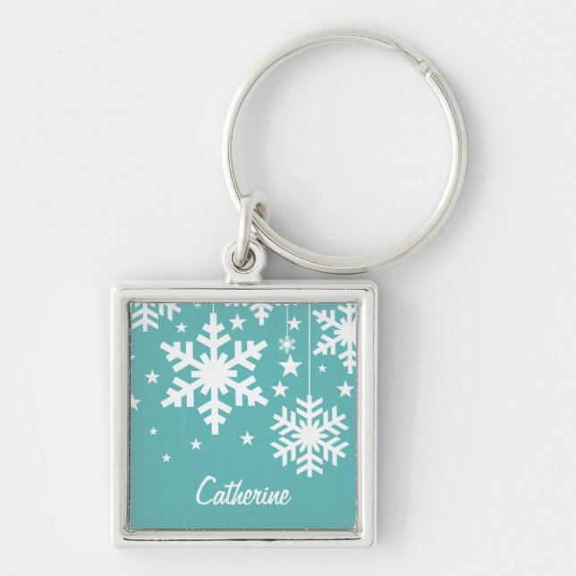 Snowflakes and Stars Premium Keychain, Aqua Keychain (Front)