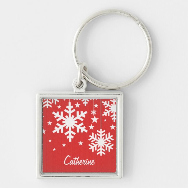 Snowflakes and Stars Premium Keychain, Red Keychain (Front)