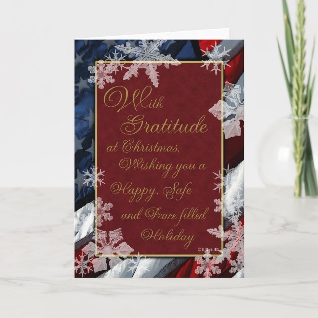 Snowflakes and Stars Red White and Blue Patriotic Holiday Card (Front)