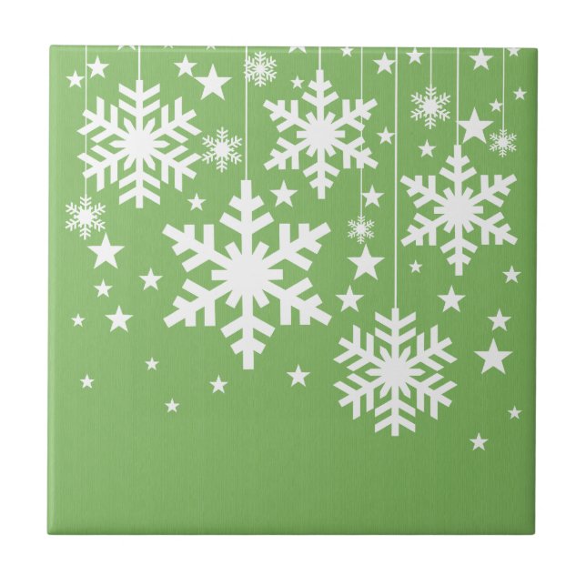 Snowflakes and Stars Tile, Green Ceramic Tile (Front)
