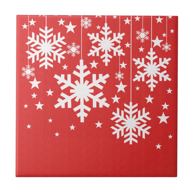 Snowflakes and Stars Tile, Red Ceramic Tile (Front)