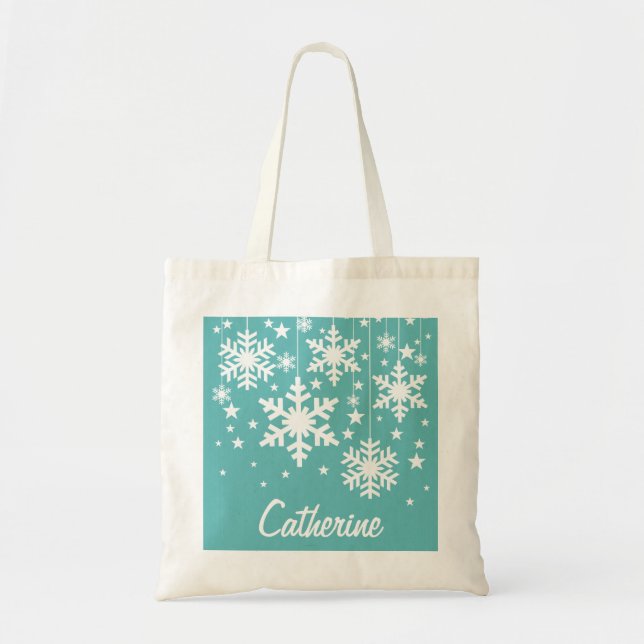 Snowflakes and Stars Tote Bag, Aqua (Front)