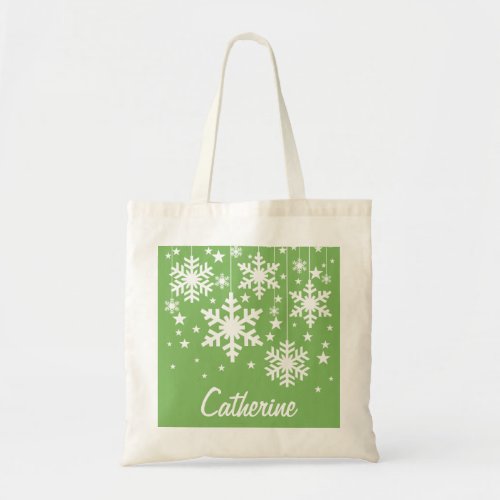 Snowflakes and Stars Tote Bag Green