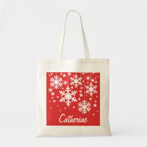 Snowflakes and Stars Tote Bag Red