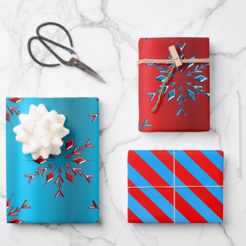 Snowflakes and Stripes Red and Blue Christmas Wrapping Paper Sheets