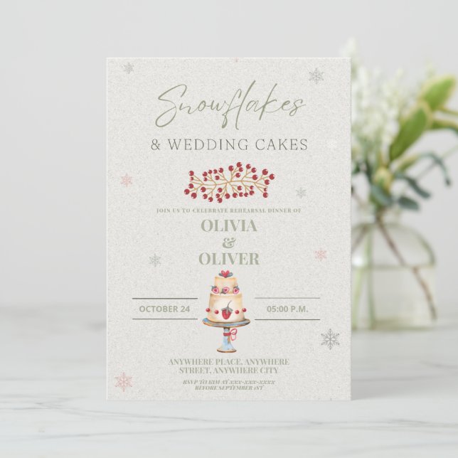 Snowflakes and wedding cake rehearsal dinner invitation (Standing Front)