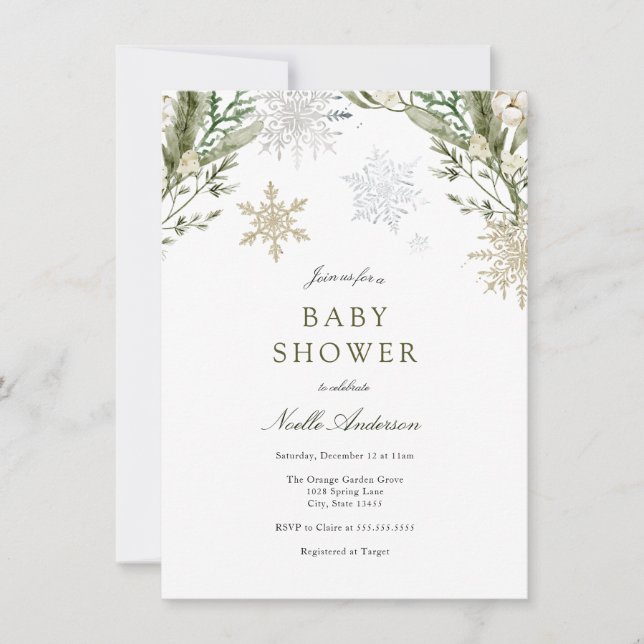 Snowflakes and Winter Greenery Baby Shower Invitation (Front)