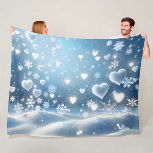 Snowflakes and Winter Snow Hearts Fleece Blanket