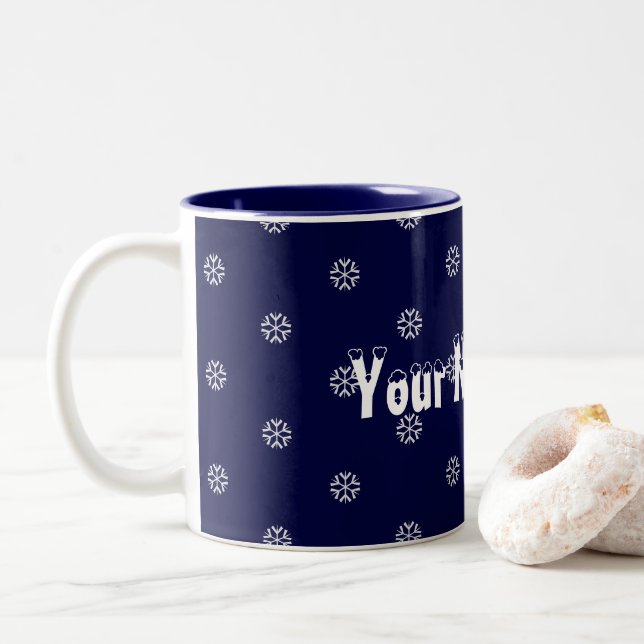 Snowflakes and Your Name Here Two-Tone Coffee Mug (With Donut)