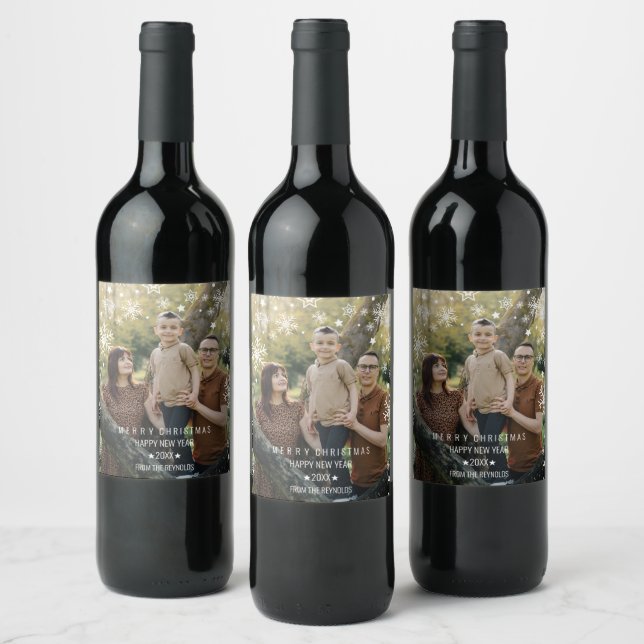 Snowflakes Arched Frame Holiday Overlay Photo Wine Label (Bottles)