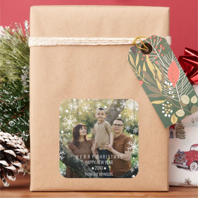 Snowflakes Arched Frame Photo Overlay Holiday Square Sticker (Holiday)