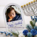 Snowflakes Arched Photo Happy Hanukkah Greeting Acrylic Invitations<br><div class="desc">A simple yet elegant design that captures the spirit of the season — this clear acrylic greeting card features delicate, festive snowflakes scattered across the surface, creating a light and wintry charm. At the center, an arched photo cutout frames your family's cherished holiday moment, perfectly complementing the card’s unique arched...</div>