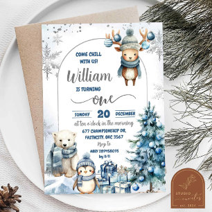 Snowflakes Artic Animals Christmas First Birthday Invitation