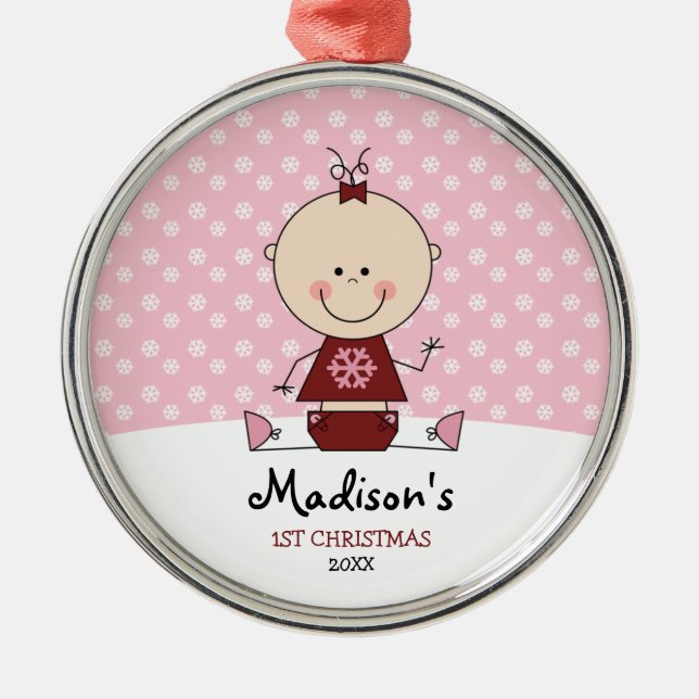 Snowflakes Baby Girl 1st Christmas Personalized Metal Ornament (Front)