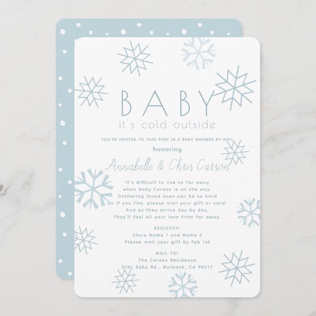 Snowflakes Baby Its Cold Blue Baby Shower by Mail Invitation (Front/Back)