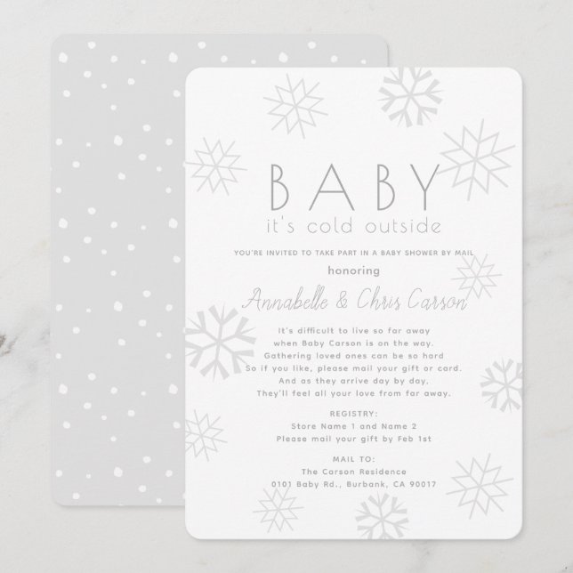 Snowflakes Baby Its Cold Gray Baby Shower by Mail Invitation (Front/Back)