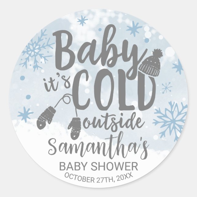Snowflakes Baby It's Cold Outside Baby Shower Clas Classic Round Sticker (Front)