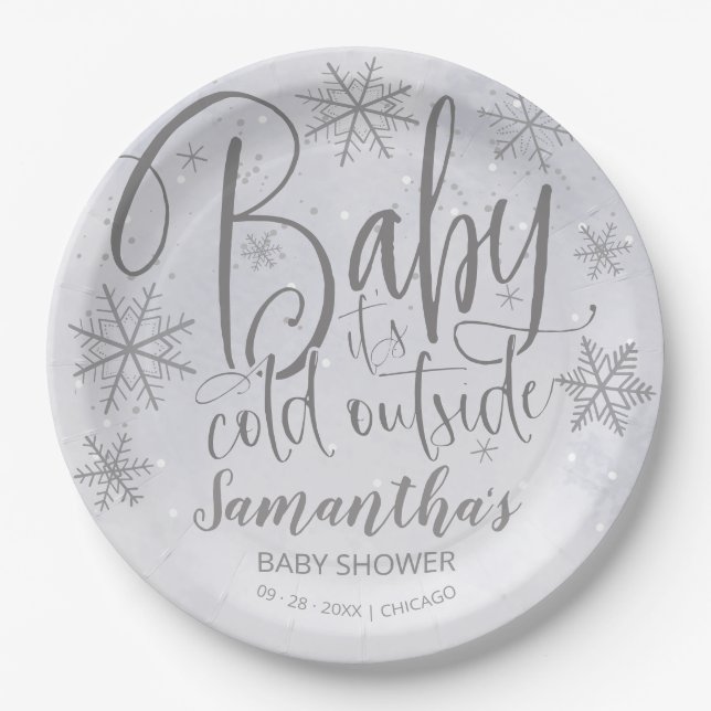 Snowflakes Baby It's Cold Outside Baby Shower  Pap Paper Plates (Front)