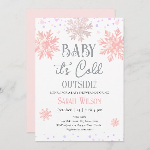 Snowflakes Baby Its Cold Outside Baby Shower Pink Invitation