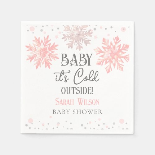 Snowflakes Baby its cold outside baby shower Pink Napkins