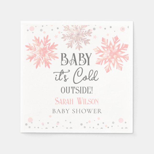 Snowflakes Baby it's cold outside baby shower Pink Napkins (Front)