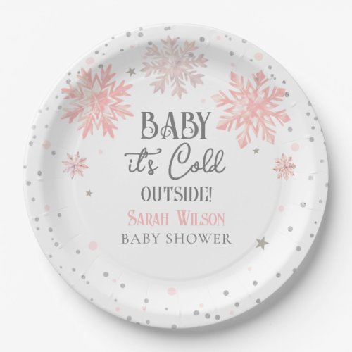 Snowflakes Baby its cold outside baby shower pink Paper Plates