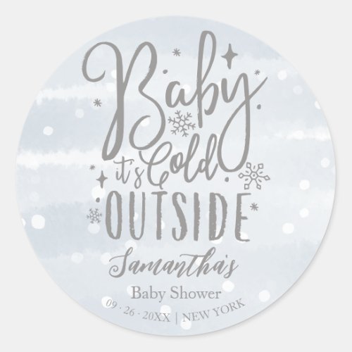 Snowflakes Baby Its Cold Outside Boy Baby Shower Classic Round Sticker