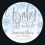 Snowflakes Baby It's Cold Outside Boy Baby Shower  Classic Round Sticker<br><div class="desc">Adorable calligraphy with snowflakes,  winter-themed baby shower sticker. Easy to personalize with your details. Check the collection to find matching items as enclosure cards.</div>