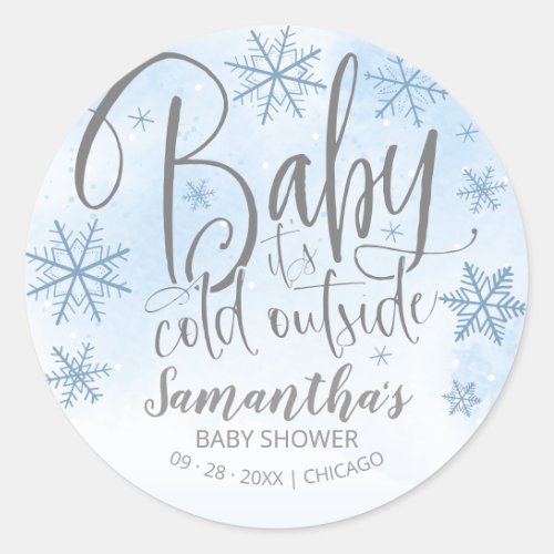 Snowflakes Baby Its Cold Outside Boy Baby Shower  Classic Round Sticker